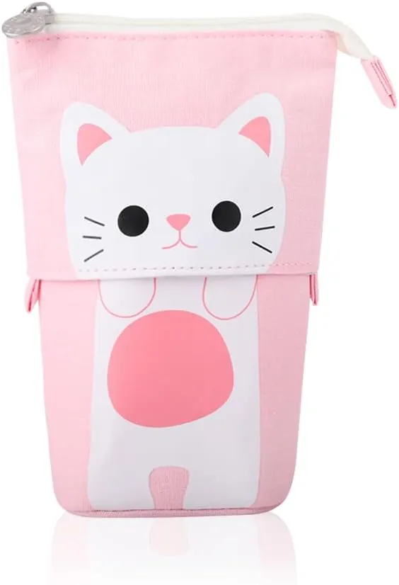 iSuperb Standing Pencil Pouch Pencil Case Cute Cat Telescopic with Zipper Canvas Kwaii Cartoon Pencil Bag Stationery Box for Kids Girls Boys School Supplies 7.5 x 4.9 x 3.0inch/4.1x 3.0inch