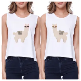 Llamas With Sunglasses BFF Matching White Crop Tops