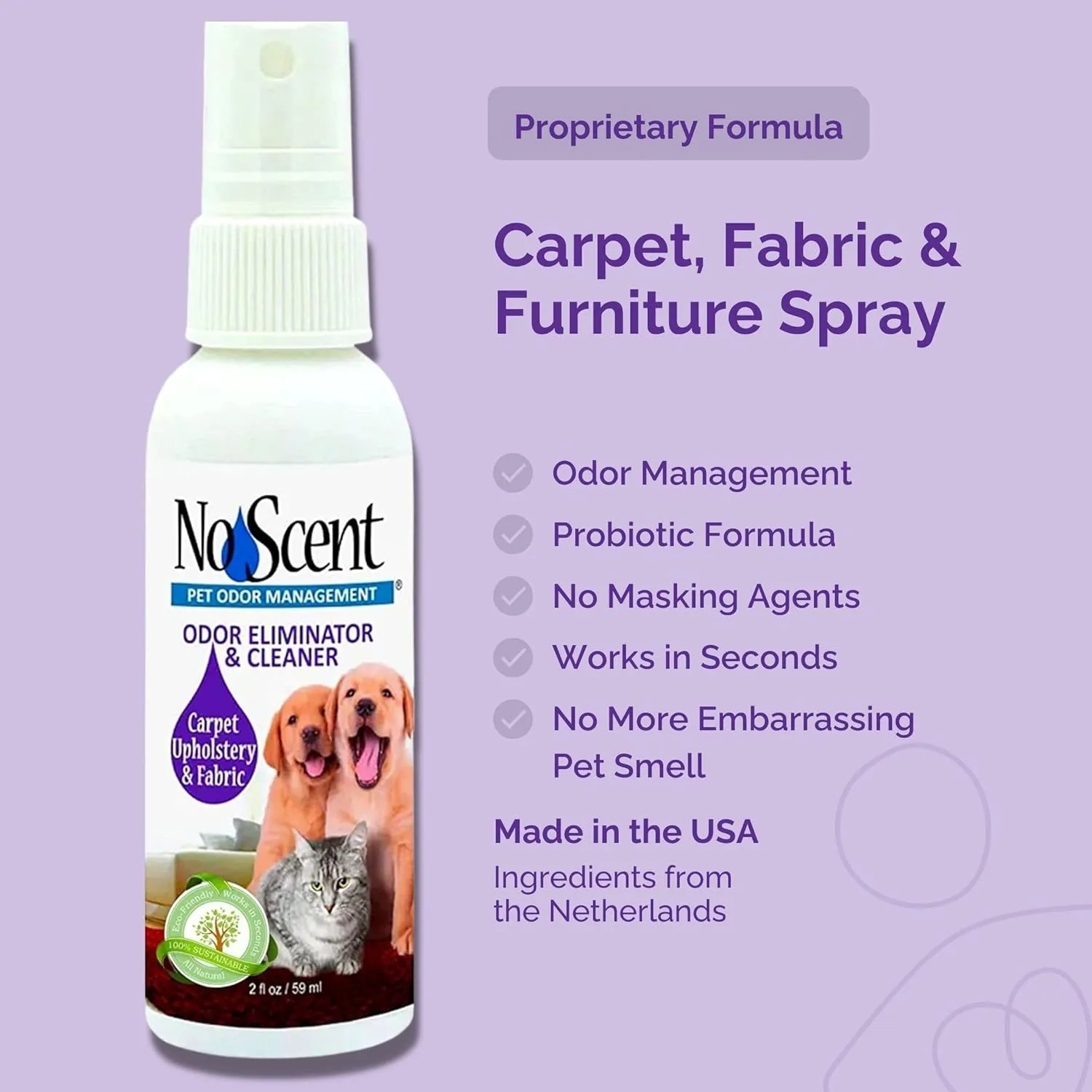 No Scent Carpet Upholstery & Fabric Furniture Spray Spot Cleaner for Wet Dog Smell, Cat Spray, Pet Odor, Urine, Poop & Secretions (8 Fl Oz / 237 mL)