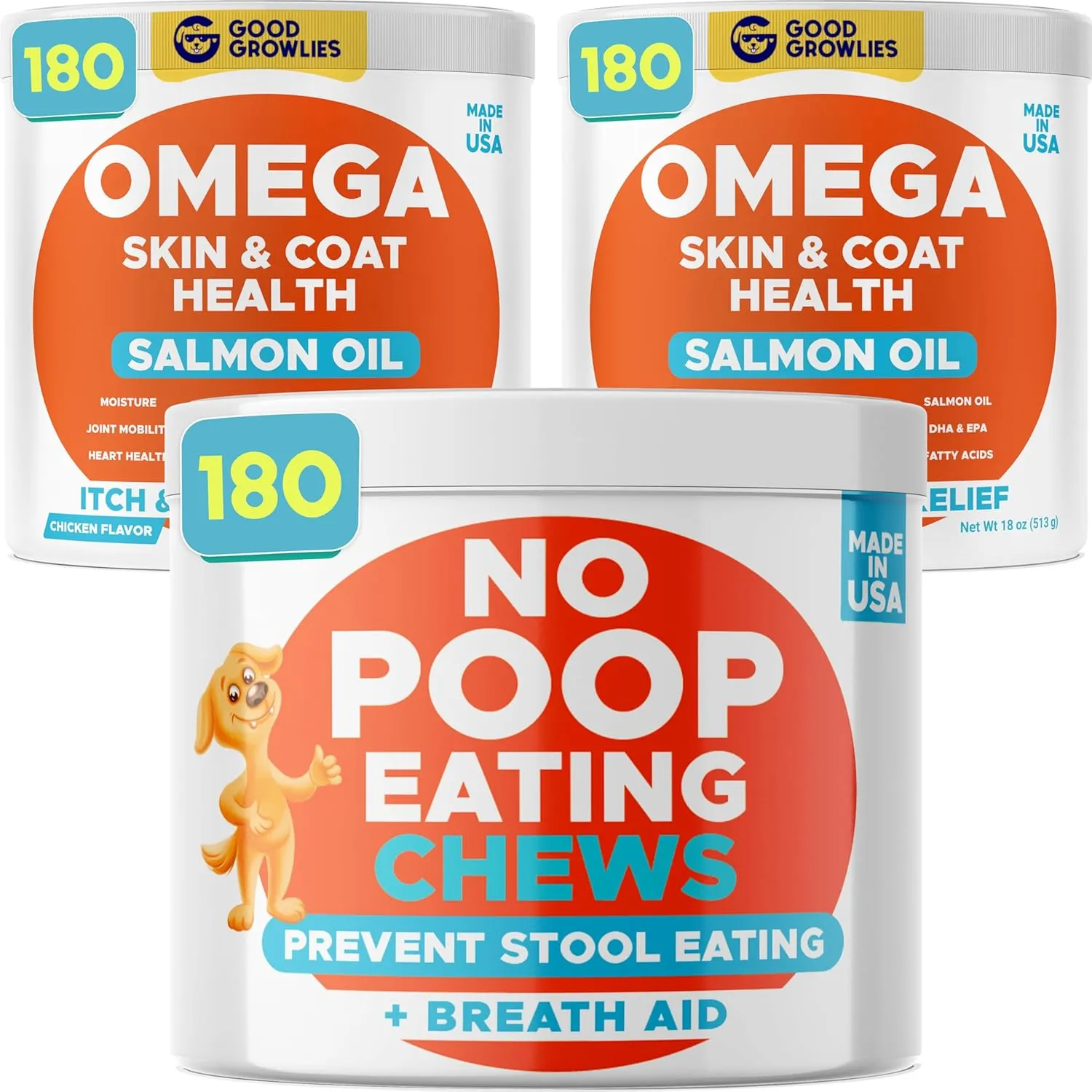Omega 3   No Poo Dogs Bundle - Skin&Coat   Coprophagia Treatment - EPA&DHA Fatty Acids   Probiotics & Digestive Enzymes - Heart, Hip& Joint Support   Boosts Gut Health - 480 Chews - Made in USA