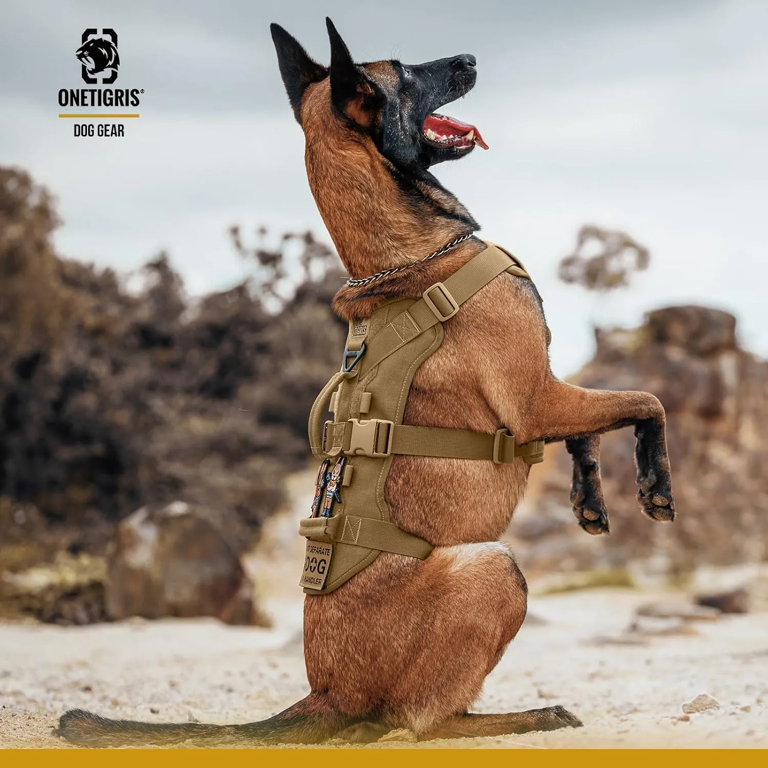 OneTigris Escape Proof Dog Harness, No Pull Dog Harness with Handles, Tactical Multi-Use Support Dogs Harnes for Large Dogs Everyday Wear Walking Hiking Training (Brown, Medium)