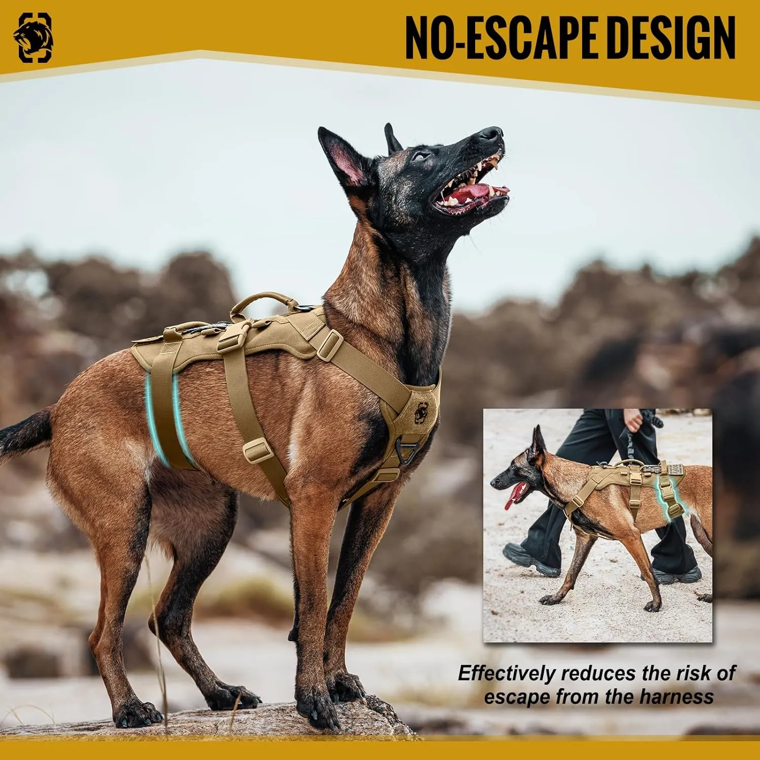 OneTigris Escape Proof Dog Harness, No Pull Dog Harness with Handles, Tactical Multi-Use Support Dogs Harnes for Large Dogs Everyday Wear Walking Hiking Training (Brown, Medium)
