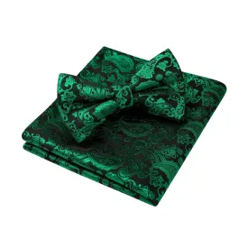 Paisley Pre-Tied Bow Tie & Pocket Square - GREEN-12