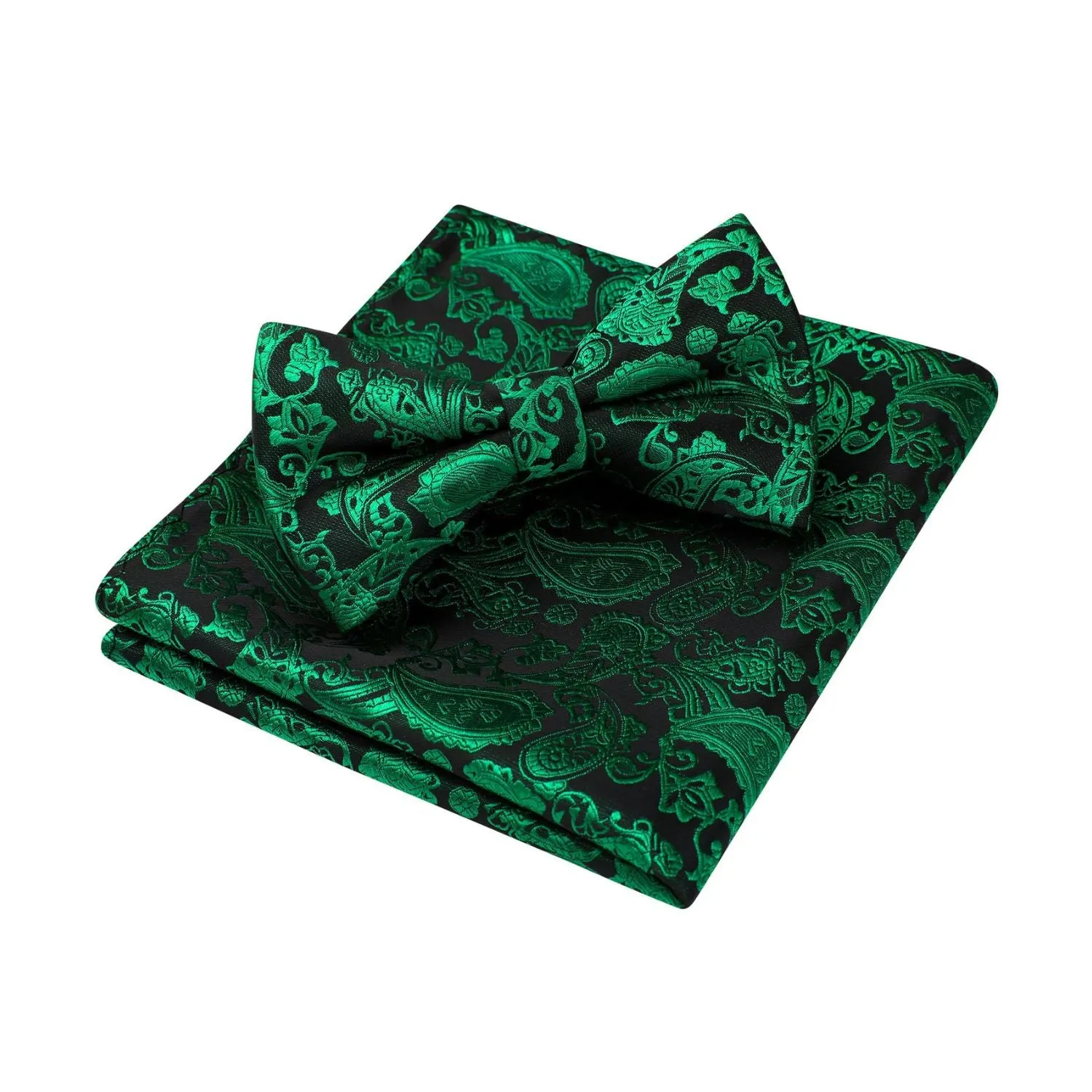 Paisley Pre-Tied Bow Tie & Pocket Square - GREEN-12