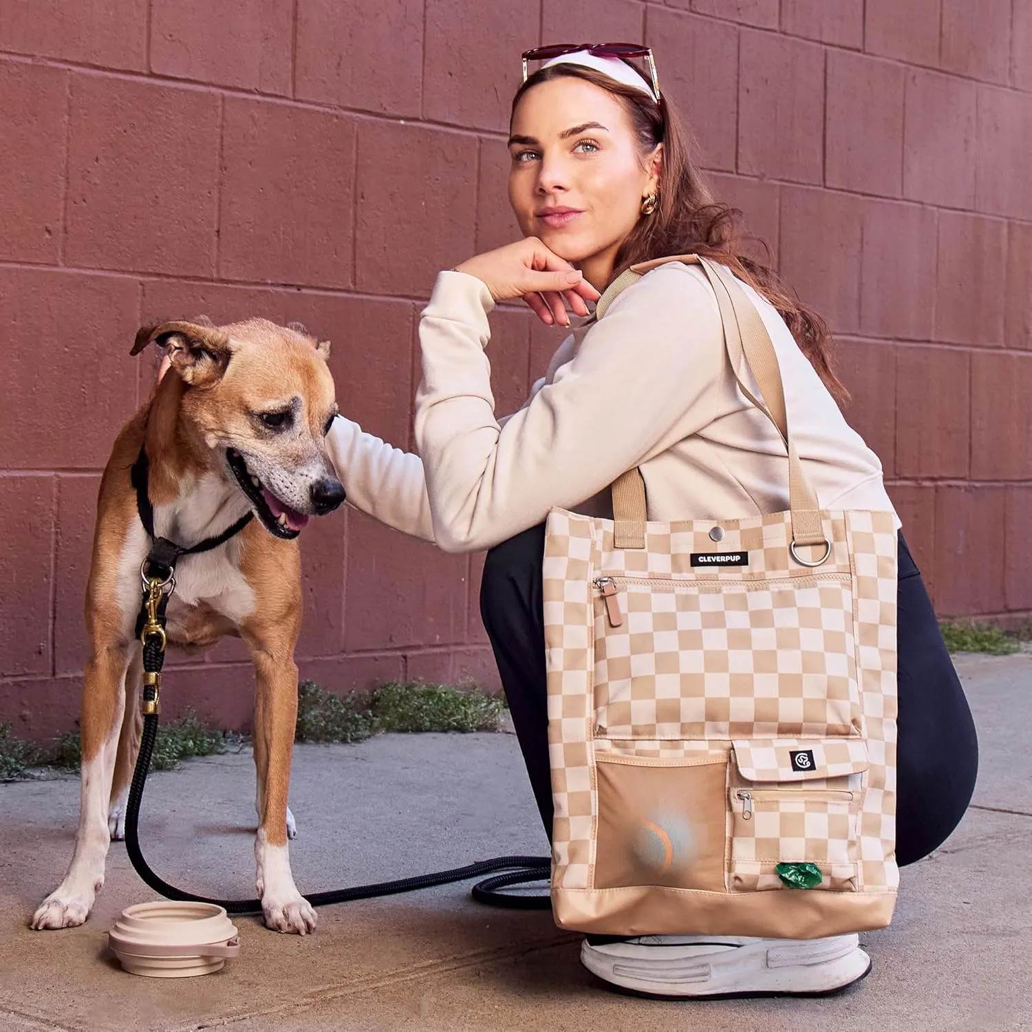 Park Pack 2-Piece Set Dog Gear Tote  Dog Travel Bag with 8 Pockets, Treat Pouch, Poop Bag Dispenser, Quick-Dry Ball Pocket, Collapsible Bowl, Perfect for Walks & Park Trips, Checkerboard