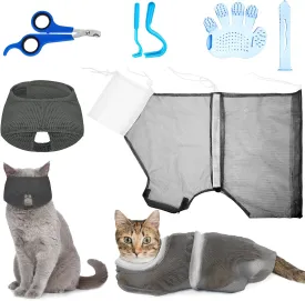 Patelai 5 Pcs Cat Bathing Bag Set Cat Grooming Bag Adjustable Pet Shower Net Muzzles Nail Clipper Tick Remover Tool Massage Brush(Grey-White)