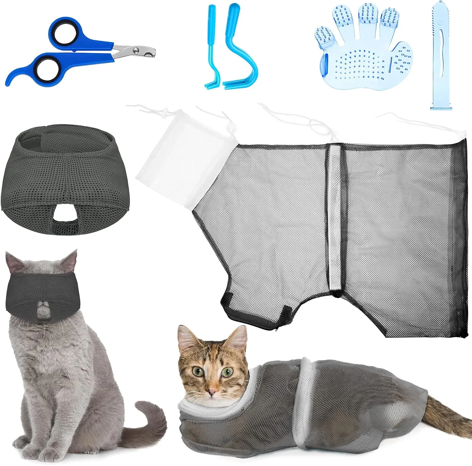 Patelai 5 Pcs Cat Bathing Bag Set Cat Grooming Bag Adjustable Pet Shower Net Muzzles Nail Clipper Tick Remover Tool Massage Brush(Grey-White)
