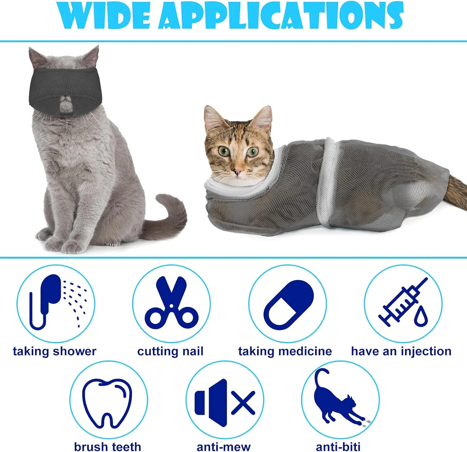 Patelai 5 Pcs Cat Bathing Bag Set Cat Grooming Bag Adjustable Pet Shower Net Muzzles Nail Clipper Tick Remover Tool Massage Brush(Grey-White)