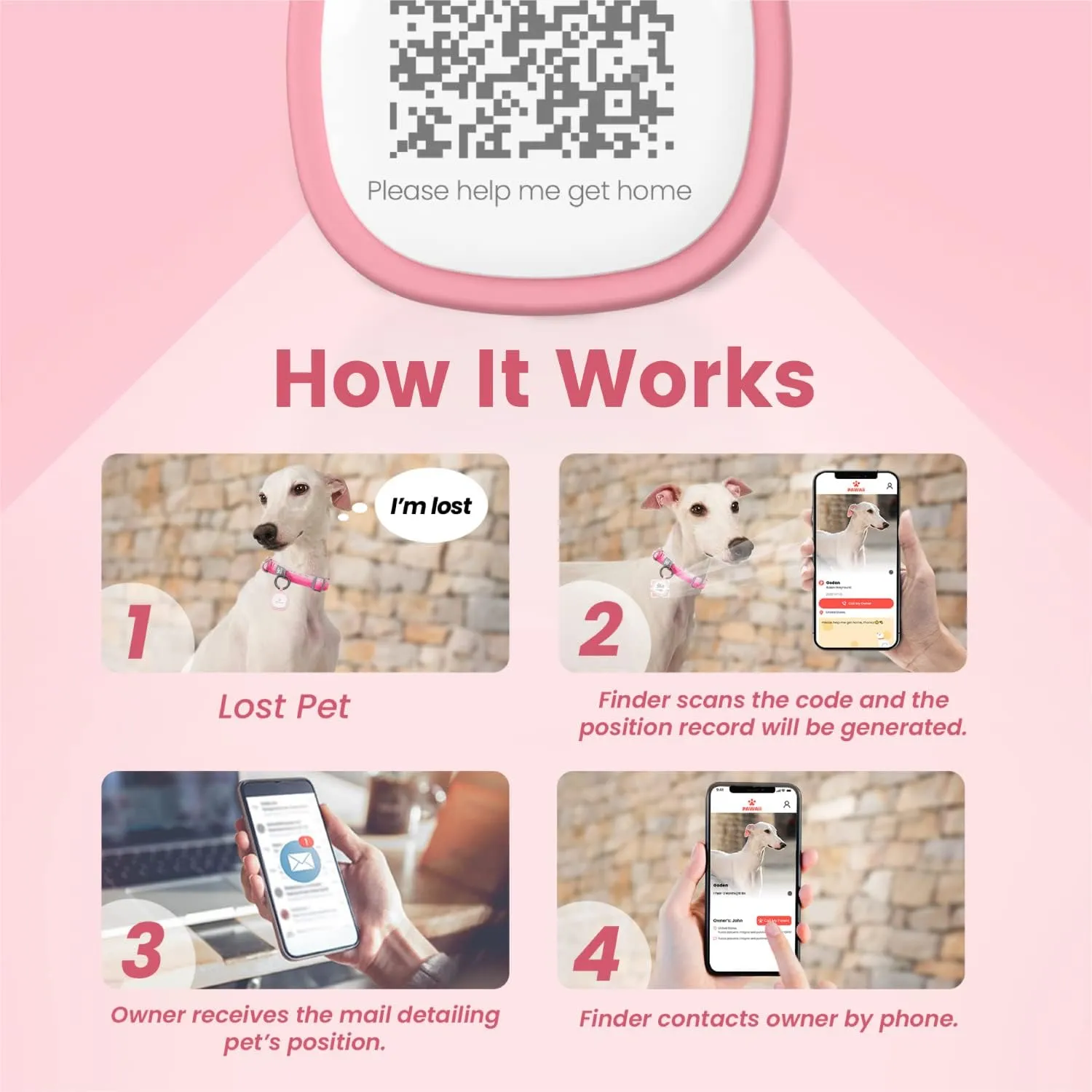 Pawaii QR Code Dog ID Tag, Silent Silicone Tag, Modifiable Pet Online Profile, Free Emergency Contact, 1Pack (Pink)