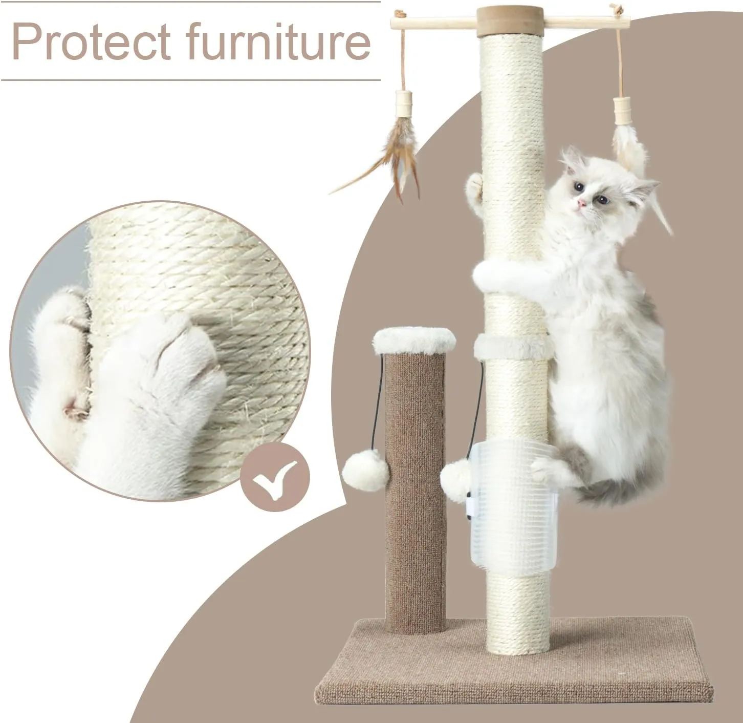 PAWSFANS Cat Scratching Post 30 Inches Tall Sisal Carpet Vertical Scratch Posts for Indoor Cats and Kittens,with Hanging Ball and Bursh Beige