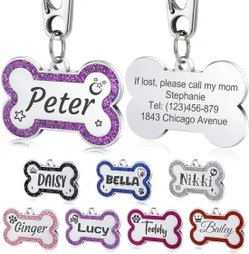 Personalized Dog Tags Stainless Steel Pet ID Tags with Glittery Bone Design, Up to 5 Lines of Custom Text Engraved on Both Sides Custom Dog Name Tag Engraved for Pets Dog Puppy Cat(Large, Purple)