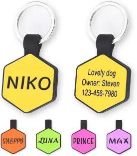 Personalized Engraved Silicone Dog Tags, Custom Pet ID Tags for Cats and Dogs, Engraved Silent Name Phone Address Tag, Clear Without Noise Silicone Tags for Large Small PetsHexagon