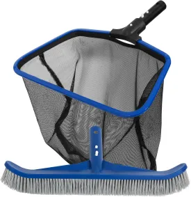 POOLAZA Aluminum Frame Pool Skimmer Net & 16.5'' Pool Brush Head, Deep Bag Pool Net Skimmer & Pool Brushes for Cleaning Pool Walls, Professional Pool Cleaning Kit for Above Ground Pool &Inground Pools