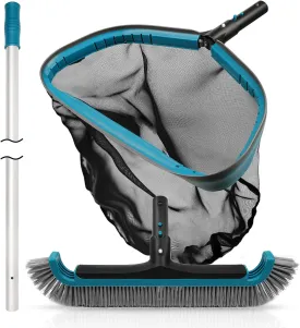 POOLWHALE Swimming Pool Cleaning Kit - Aluminum Frame Skimmer Net with 10Ft Adjustable Pole & 17.5 Pool Brush Head, Pools Maintenance Kits for Inground & Above Ground Swimming Pools, Removes Debris