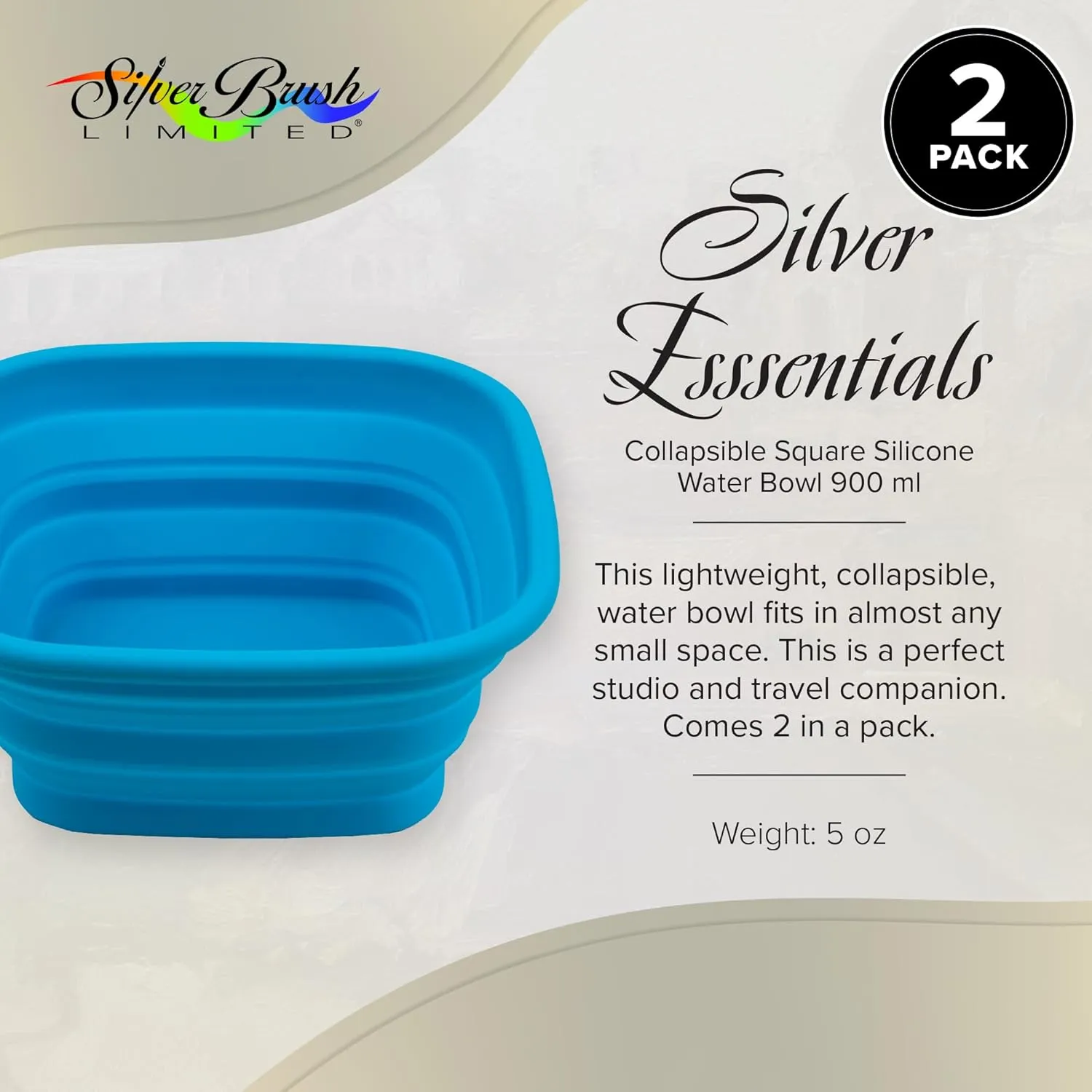 Silver Brush Limited 9059 Silver Essentials 900ml Square Collapsible Silicone Water Bowl, Leak-Proof Paint Brush Water Cup for Water Media Painting, for Studio, Travel, and Plein Air, 2 Pack