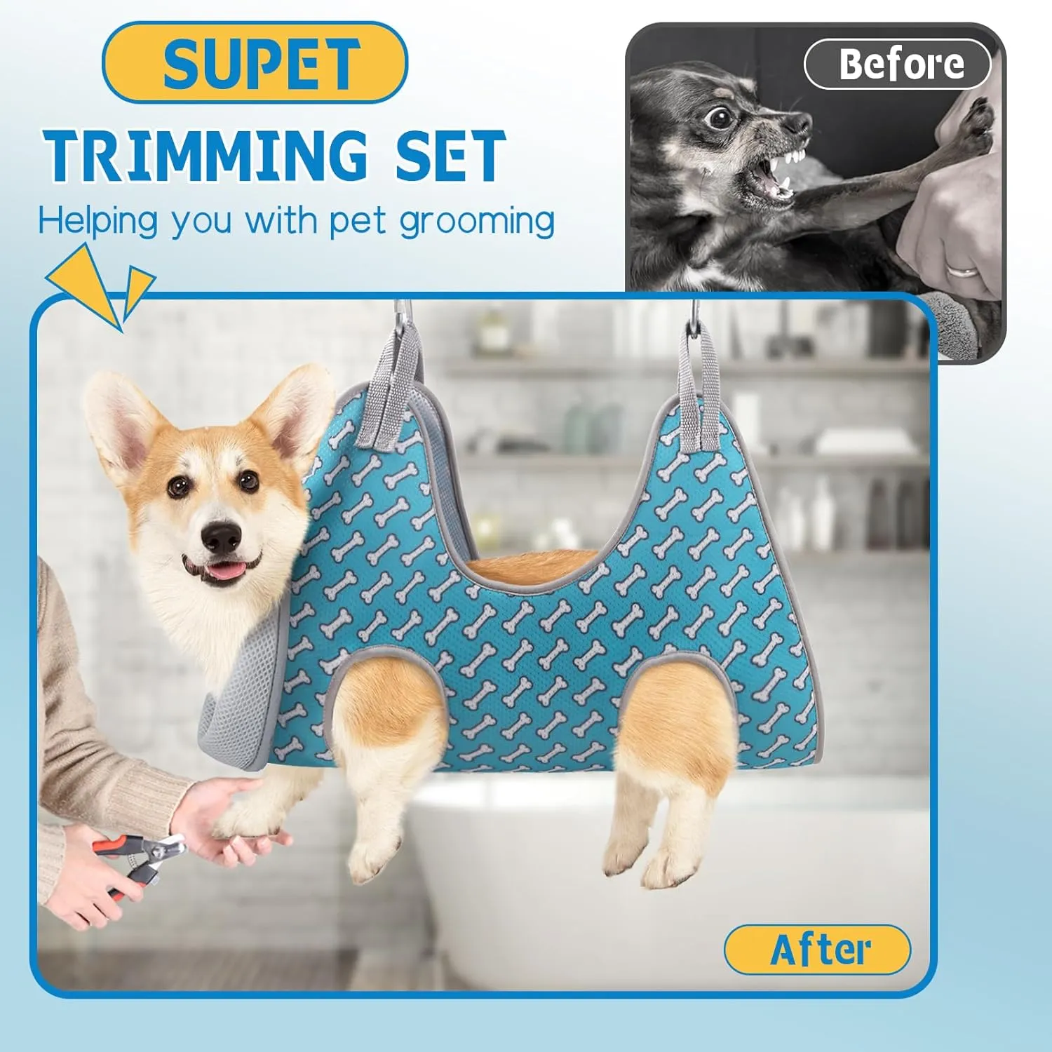 Supet Dog Grooming Hammock for Small Dogs Cat, Relaxation Pet Grooming Hammock Restraint for Nail Trimming (Coral Blue, S Legs Spacing7-10.2" / Max W15-35LBS)