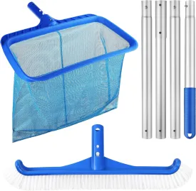 Tavaleu Swimming Fine Mesh Pool Skimmer Net with 4 Section Adjustable Telescopic Poles, 18" Professional Pool Brush (NO Pole) for Above Ground Pools, Ponds, Spas, Hot Tubs