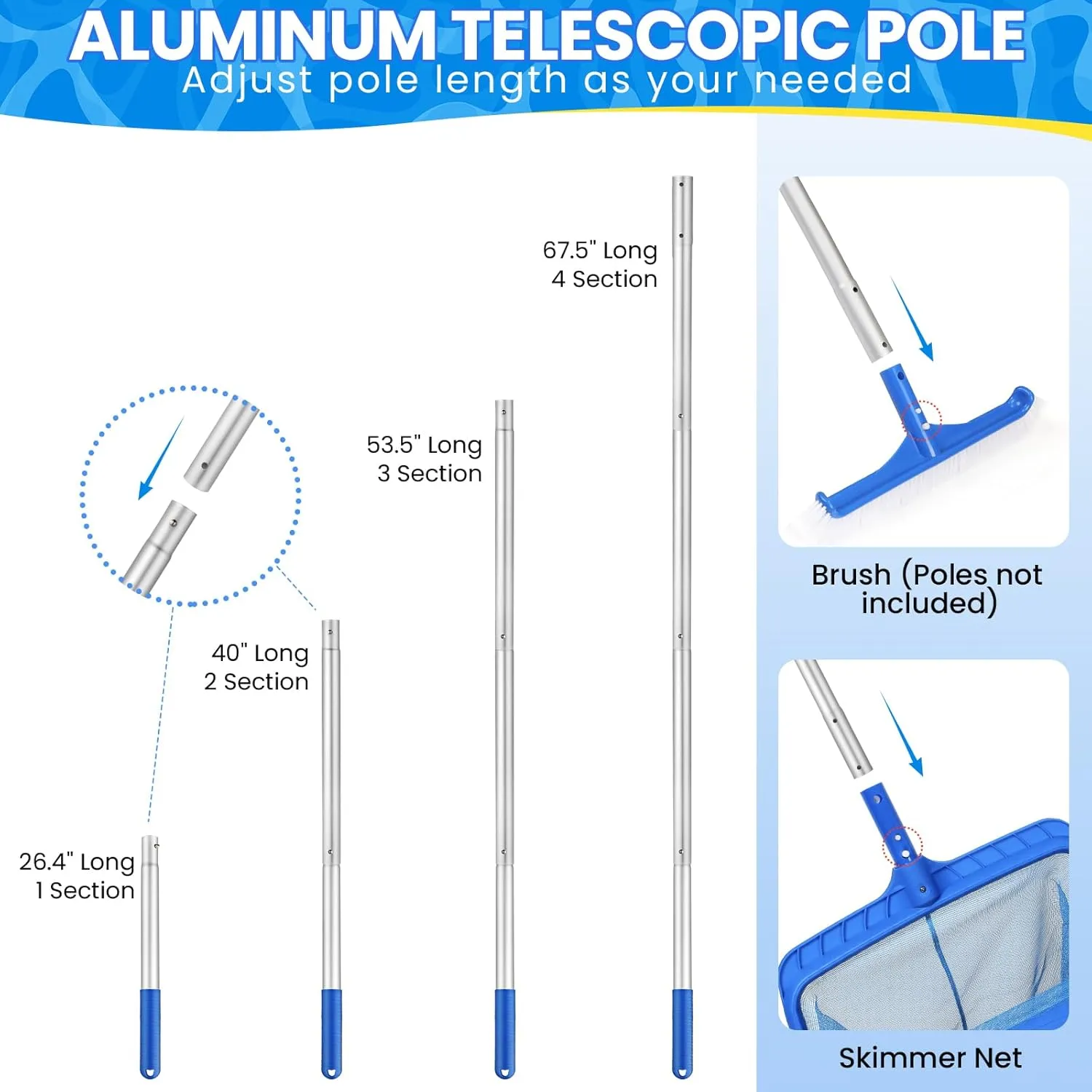 Tavaleu Swimming Fine Mesh Pool Skimmer Net with 4 Section Adjustable Telescopic Poles, 18" Professional Pool Brush (NO Pole) for Above Ground Pools, Ponds, Spas, Hot Tubs