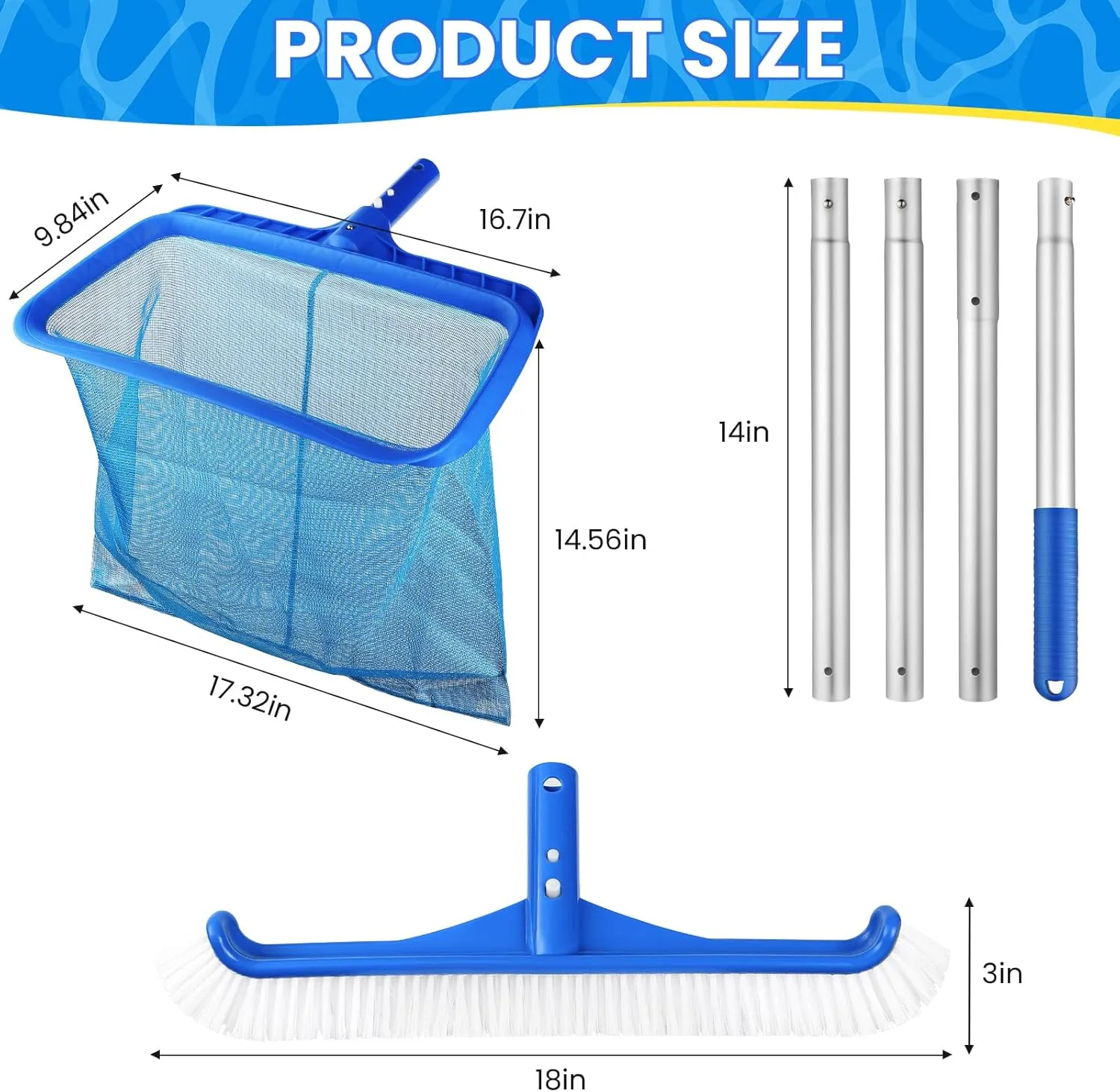Tavaleu Swimming Fine Mesh Pool Skimmer Net with 4 Section Adjustable Telescopic Poles, 18" Professional Pool Brush (NO Pole) for Above Ground Pools, Ponds, Spas, Hot Tubs