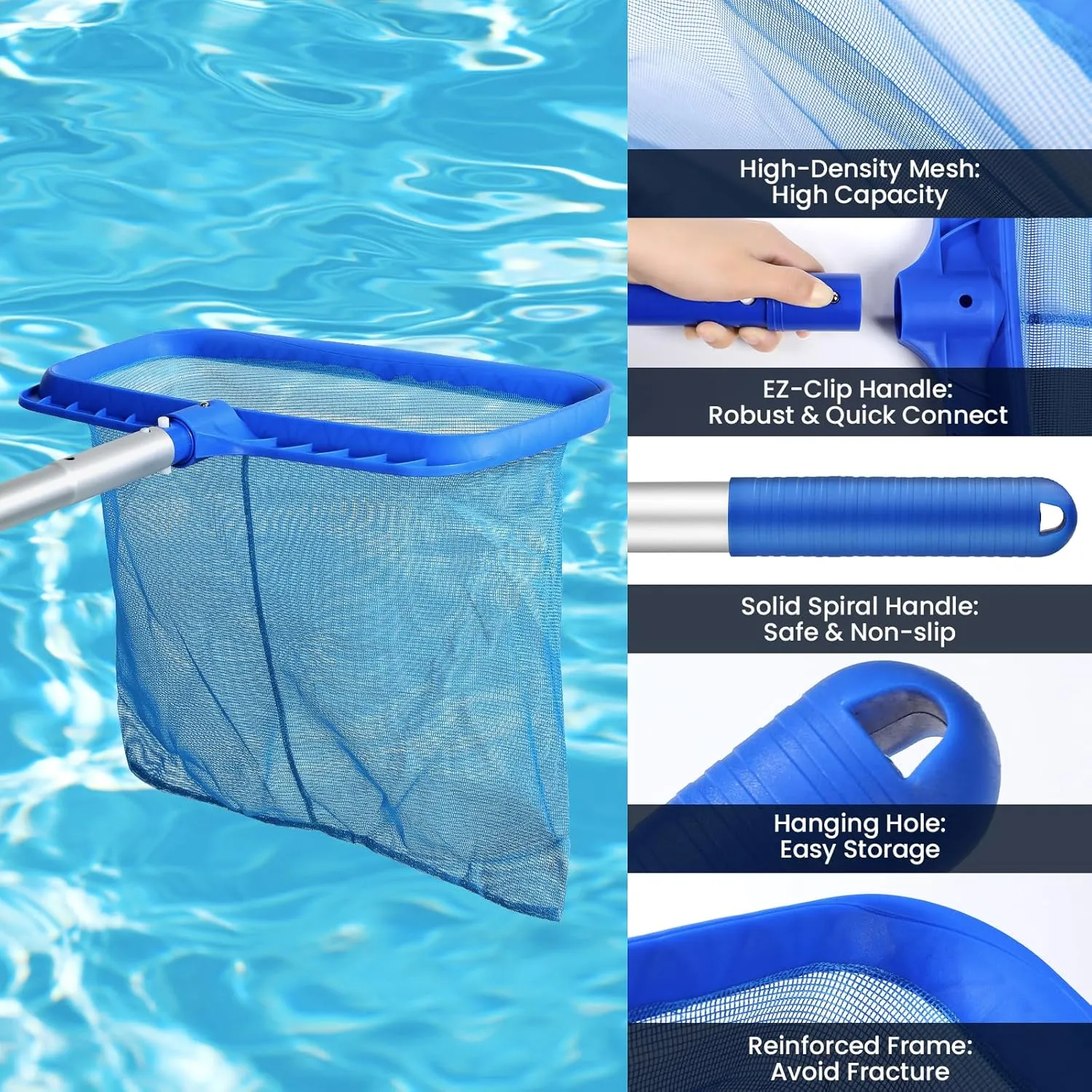 Tavaleu Swimming Fine Mesh Pool Skimmer Net with 4 Section Adjustable Telescopic Poles, 18" Professional Pool Brush (NO Pole) for Above Ground Pools, Ponds, Spas, Hot Tubs
