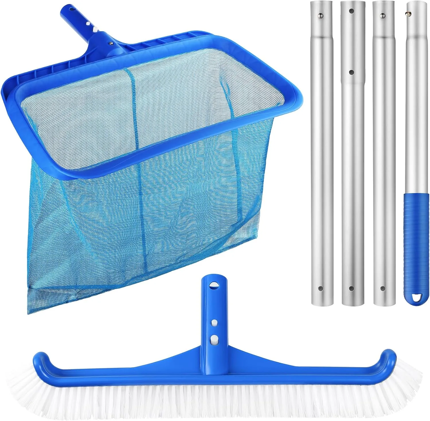 Tavaleu Swimming Fine Mesh Pool Skimmer Net with 4 Section Adjustable Telescopic Poles, 18" Professional Pool Brush (NO Pole) for Above Ground Pools, Ponds, Spas, Hot Tubs