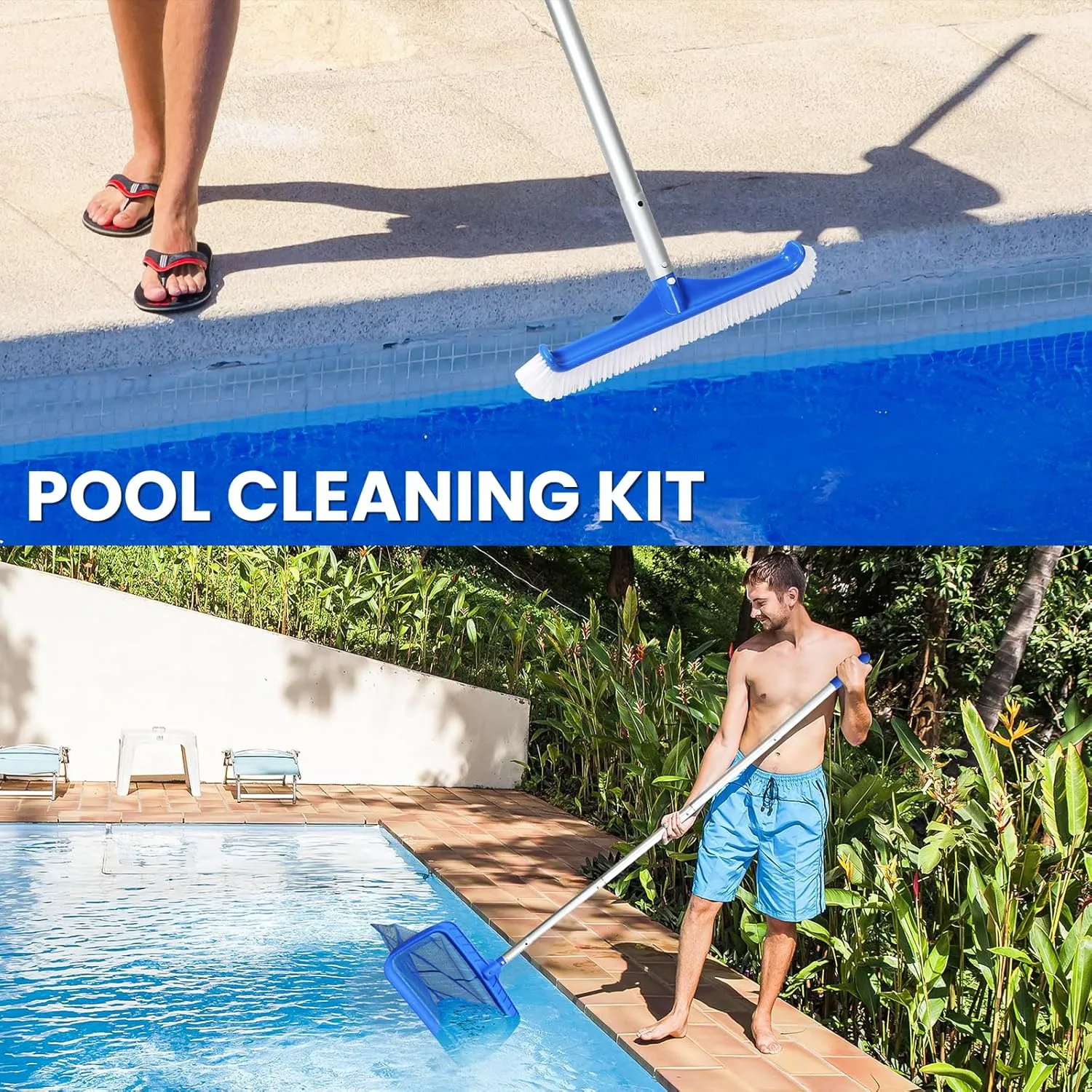 Tavaleu Swimming Fine Mesh Pool Skimmer Net with 4 Section Adjustable Telescopic Poles, 18" Professional Pool Brush (NO Pole) for Above Ground Pools, Ponds, Spas, Hot Tubs