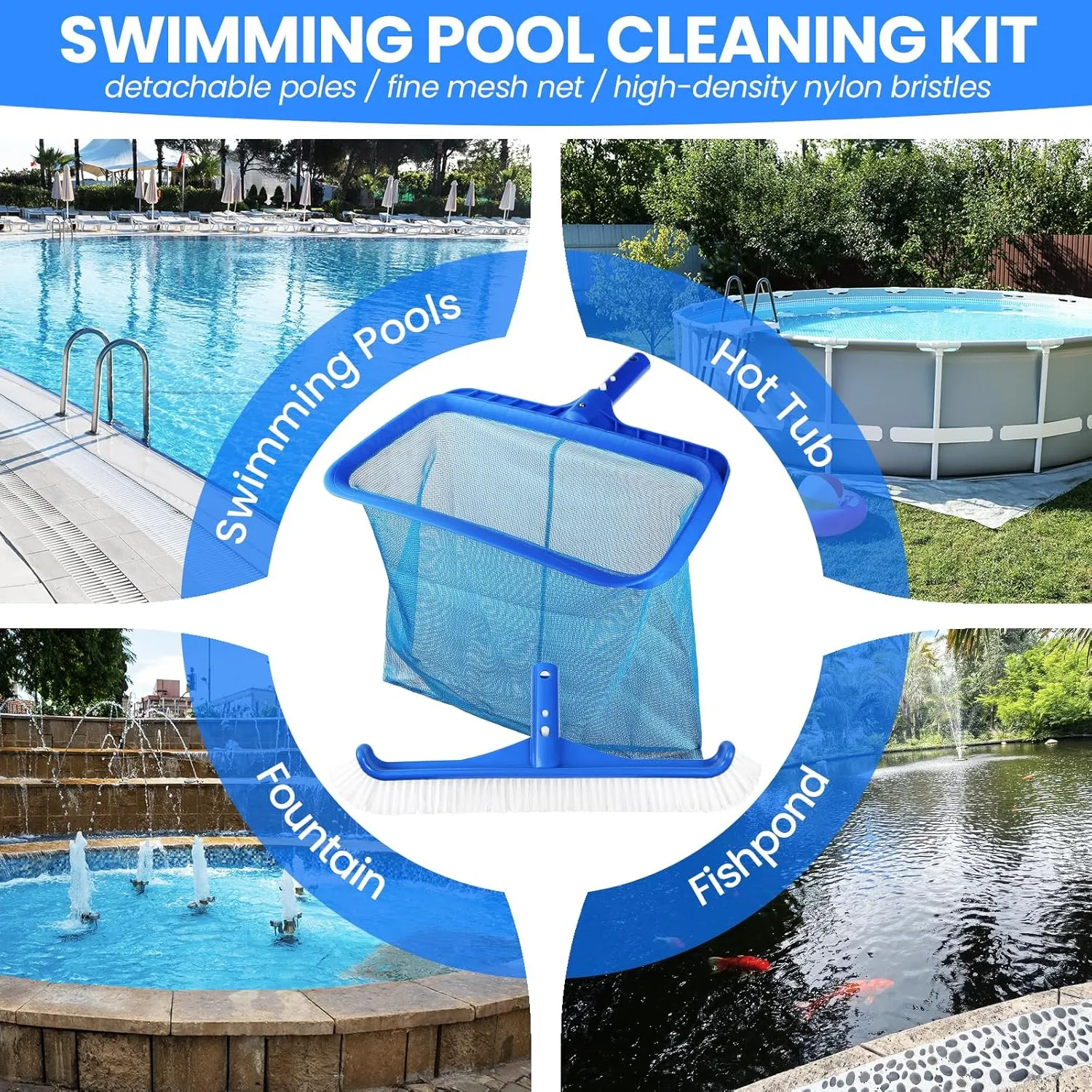 Tavaleu Swimming Fine Mesh Pool Skimmer Net with 4 Section Adjustable Telescopic Poles, 18" Professional Pool Brush (NO Pole) for Above Ground Pools, Ponds, Spas, Hot Tubs