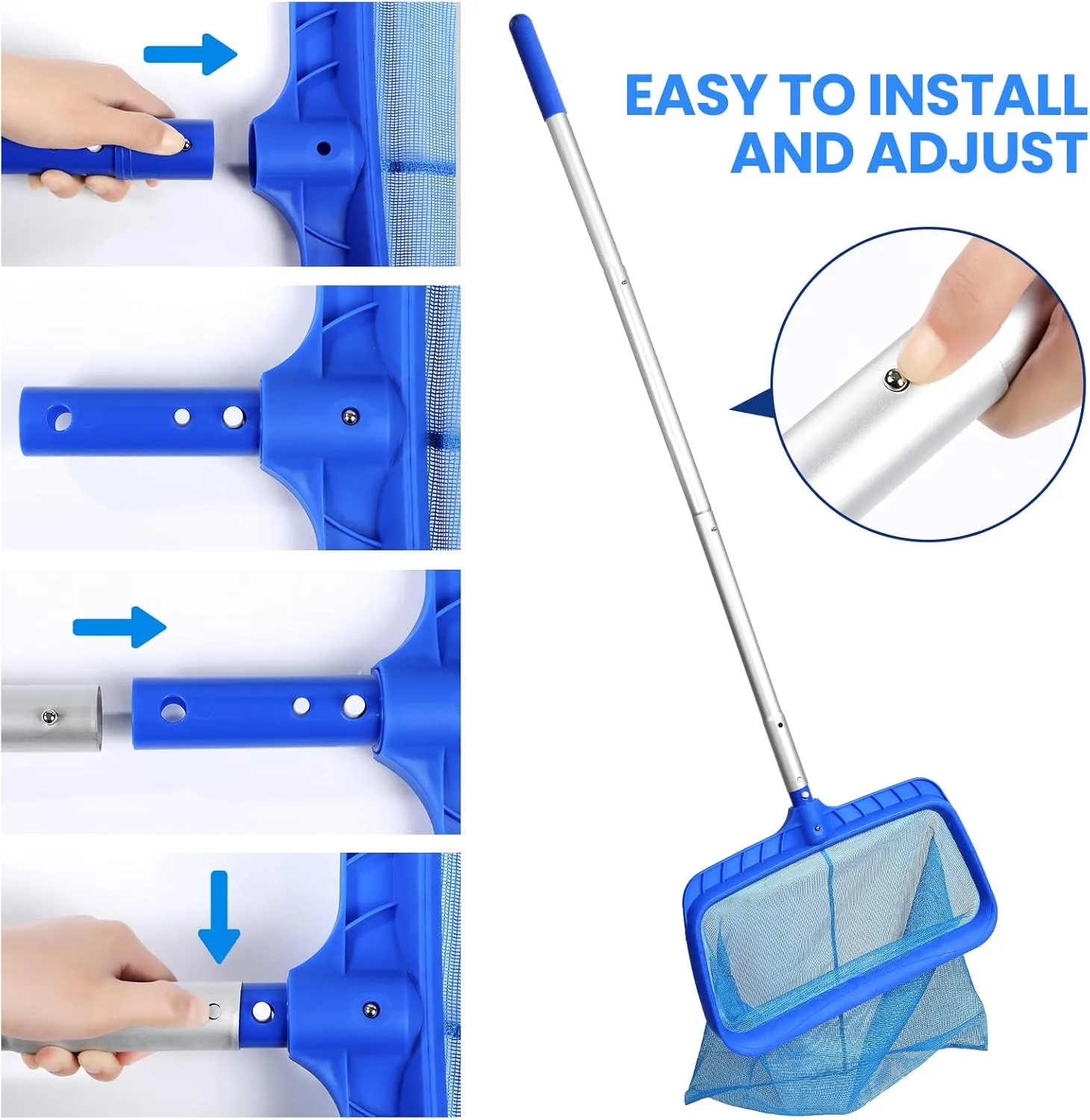 Tavaleu Swimming Fine Mesh Pool Skimmer Net with 4 Section Adjustable Telescopic Poles, 18" Professional Pool Brush (NO Pole) for Above Ground Pools, Ponds, Spas, Hot Tubs