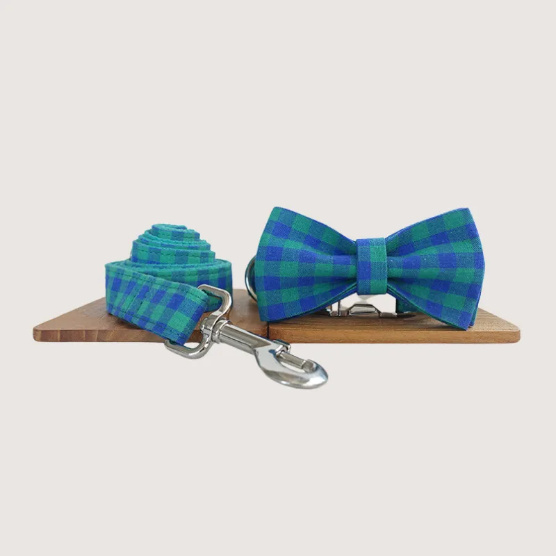 Teal Gingham Bow Tie Dog Collar Collection