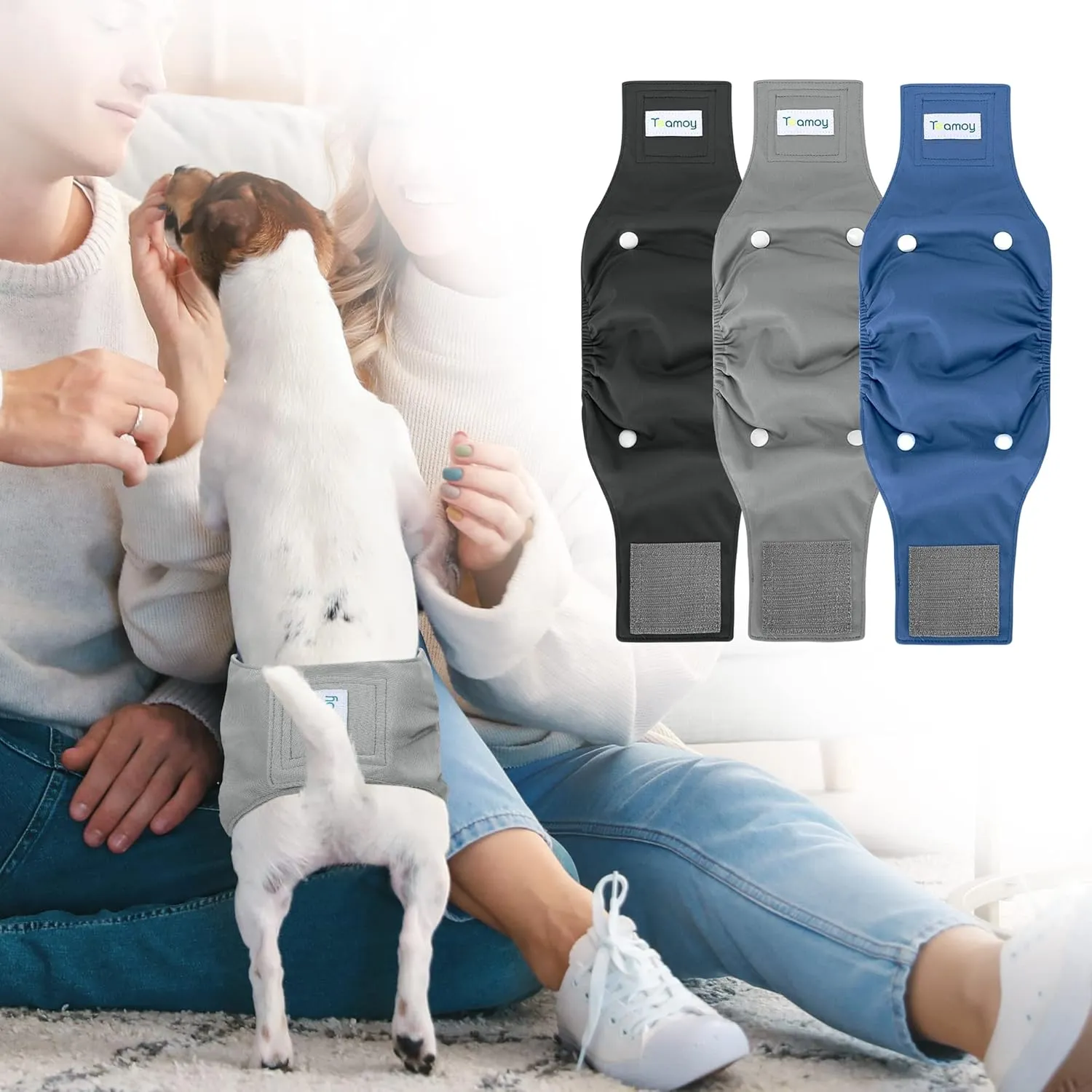 Teamoy Belly Bands for Male Dogs with Removable Pads, Reusable Washable Puppy Dog Diaper Wraps with Gray Lining(Pack of 3),S
