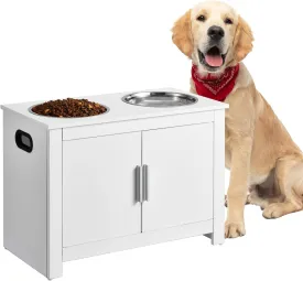 VEVOR Elevated Dog Bowls with Storage Cabinet, Pet Feeding Station with 2 Raised Dog Bowls, Wooden Dog Food Bowl Stand with Handles & Magnetic Doors, Pet Feeder Station Toy Storage Organizer, White