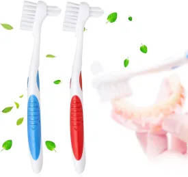 Y-Kelin Denture Brush Hard Bristles, Denture Toothbrush with Dual Head & Rubber Handle Non-Slip (Red Blue, 2 Pcs)
