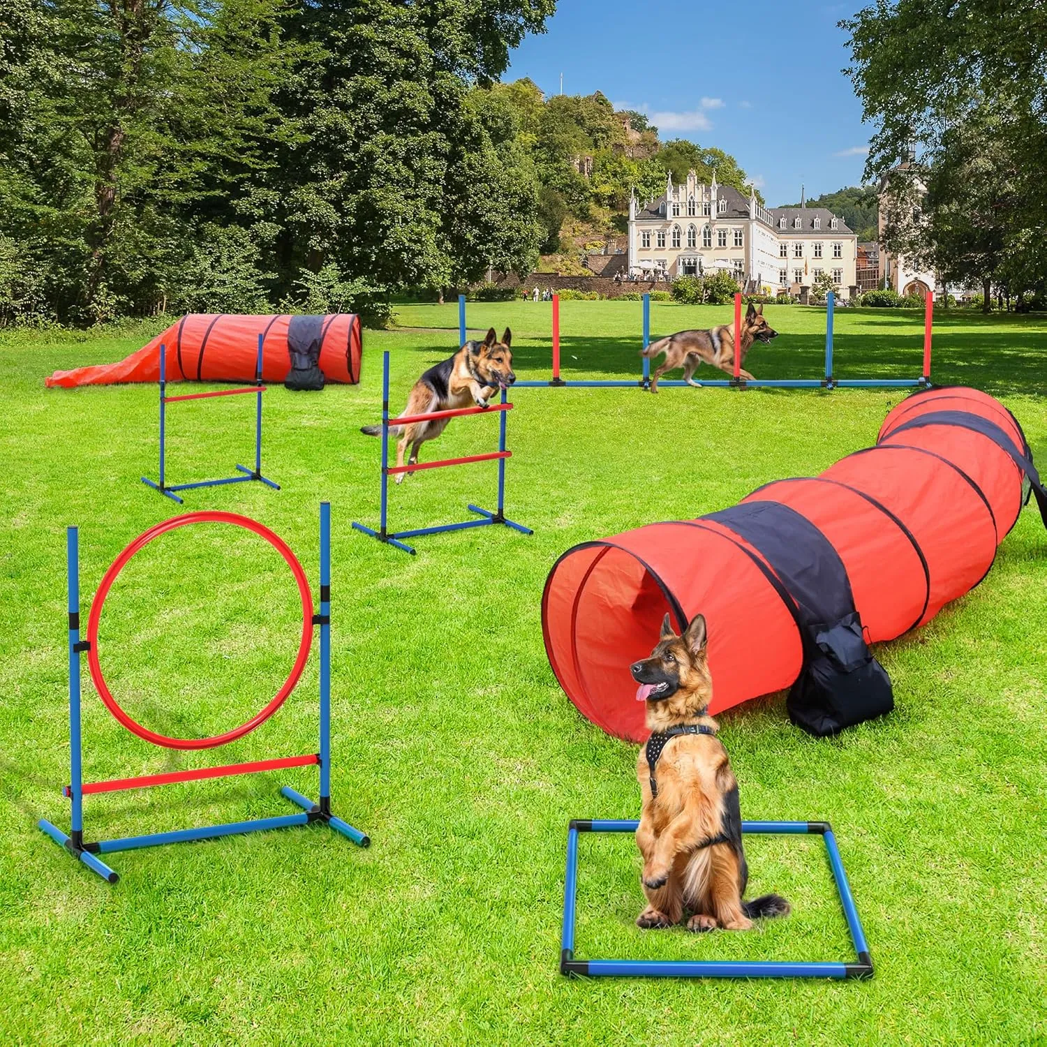 YITAHOME Dog Agility Training Equipments: Includes Flirt Pole Accessorie, 3 Flying Discs, 2 Agility Tunnel, 3 Jumps, 6 Weave Poles, Pause Box, Dog Agility Course Backyard Set Indoors Outdoors